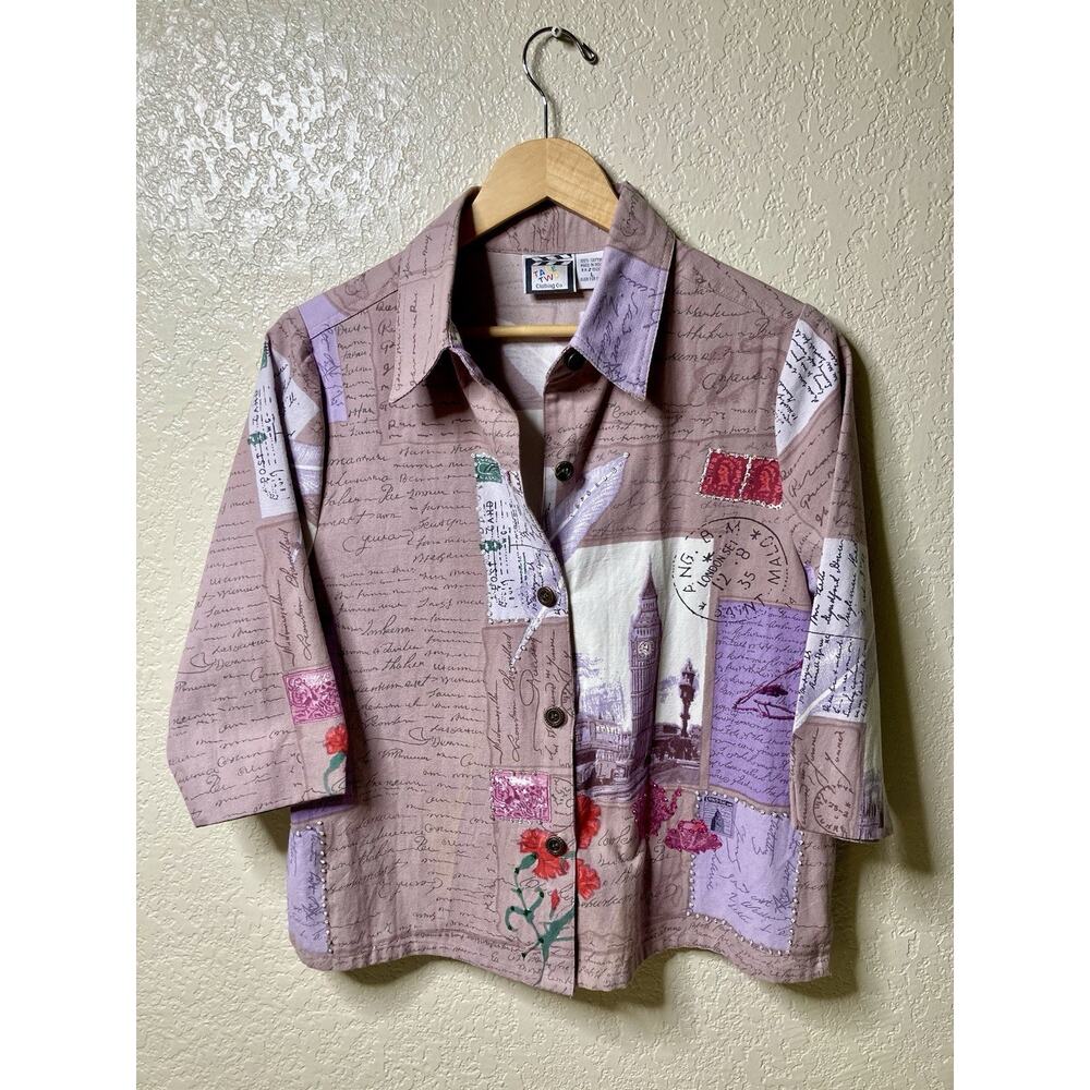 Take Two Jacket Size Large Postcard Travel Resort Vacation Button 3/4 Sleeve
